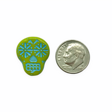 Load image into Gallery viewer, Czech glass sugar skull beads charms 4pc opaque lime green turqoise 20x17mm
