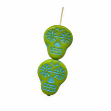 Load image into Gallery viewer, Czech glass sugar skull beads charms 4pc opaque lime green turqoise 20x17mm
