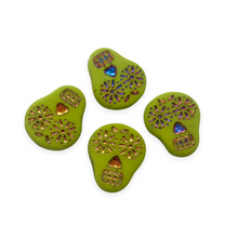 Load image into Gallery viewer, Czech glass sugar skull beads charms 4pc matte lime green sliperit 20x17mm-Orange Grove Beads

