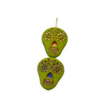 Load image into Gallery viewer, Czech glass sugar skull beads 4pc matte lime green sliperit 20x17mm

