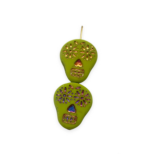 Czech glass sugar skull beads charms 4pc matte lime green sliperit 20x17mm