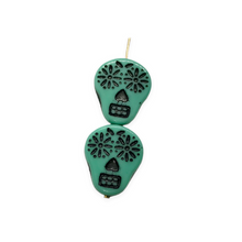 Load image into Gallery viewer, Czech glass sugar skull beads charms 4pc opaque turquoise blue black #2 20x17mm

