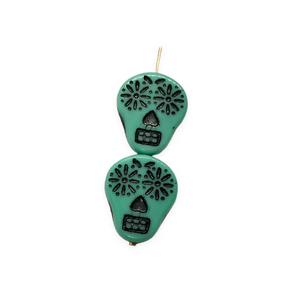 Czech glass sugar skull beads charms 4pc opaque turquoise blue black #2 20x17mm