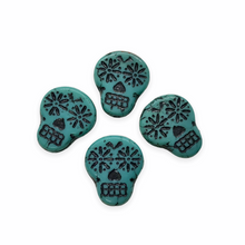 Load image into Gallery viewer, Czech glass sugar skull beads charms 4pc opaque turquoise blue black 20x17mm-Orange Grove Beads
