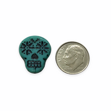 Load image into Gallery viewer, Czech glass sugar skull beads 4pc turquoise blue black 20x17mm
