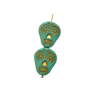 Czech glass sugar skull beads charms 4pc opaque turquoise gold 20x17mm