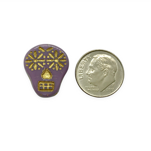 Czech glass sugar skull beads charms 4pc opaque purple gold decor 20x17mm