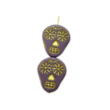 Load image into Gallery viewer, Czech glass sugar skull beads charms 4pc opaque purple gold decor 20x17mm
