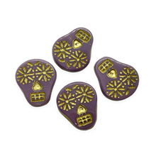 Load image into Gallery viewer, Czech glass sugar skull beads charms 4pc opaque purple gold decor 20x17mm-Orange Grove Beads
