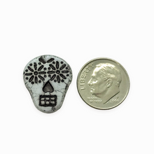 Load image into Gallery viewer, Czech glass sugar skull beads 4pc white black decor 20x17mm
