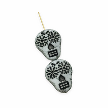 Load image into Gallery viewer, Czech glass sugar skull beads 4pc white black decor 20x17mm
