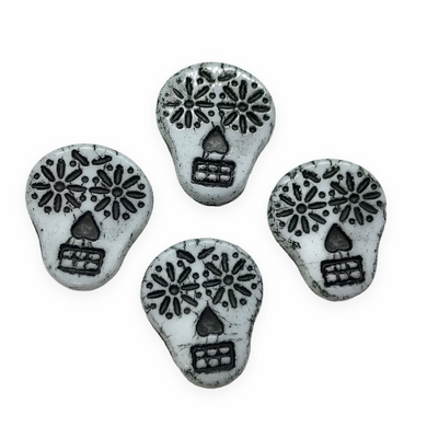 Czech glass sugar skull beads charms 4pc opaque white black decor 20x17mm-Orange Grove Beads