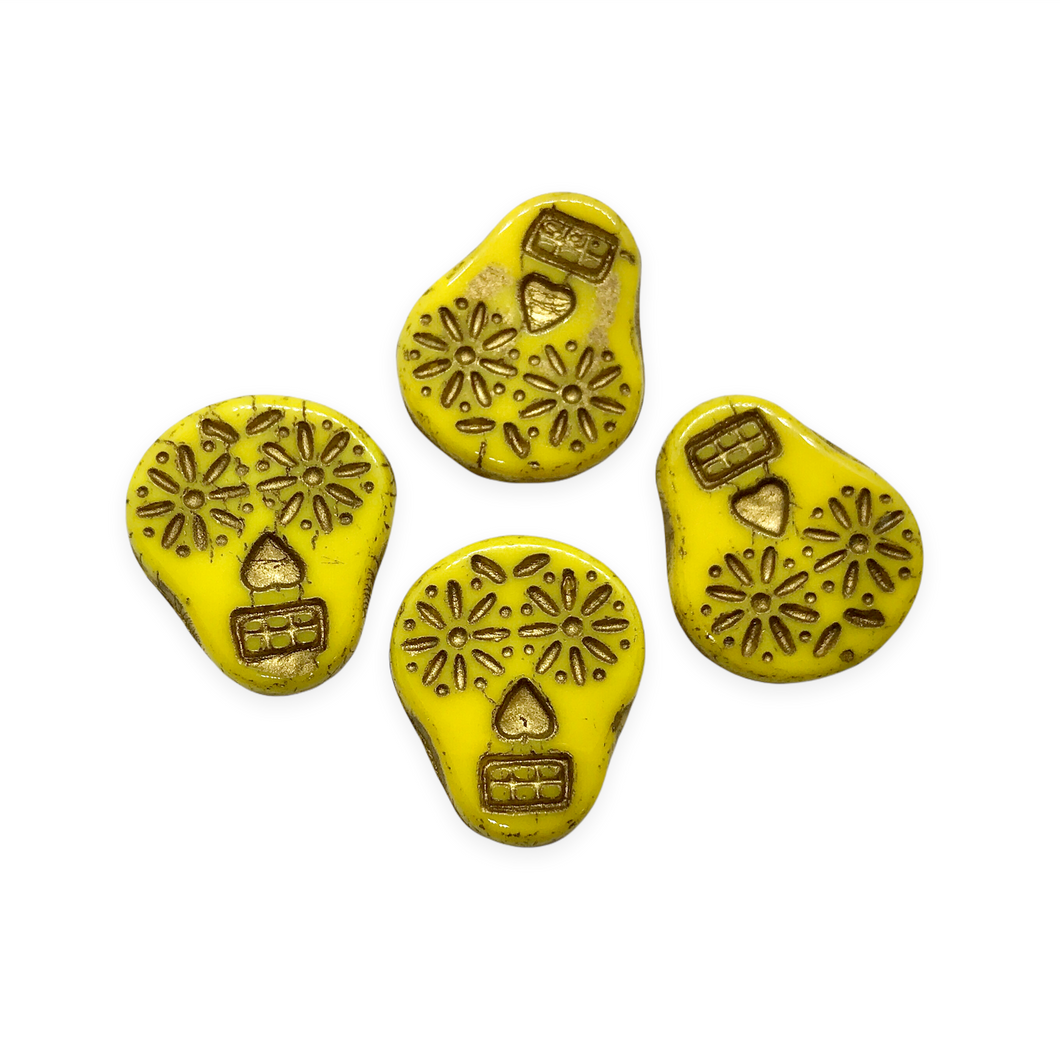 Czech glass sugar skull beads charms 4pc opaque yellow gold 20x17mm-Orange Grove Beads