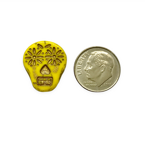 Czech glass sugar skull beads charms 4pc opaque yellow gold 20x17mm