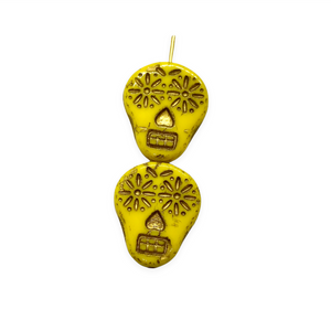 Czech glass sugar skull beads charms 4pc opaque yellow gold 20x17mm