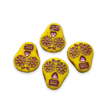 Czech glass sugar skull beads charms 4pc yellow orange pink 20x17mm-Orange Grove Beads