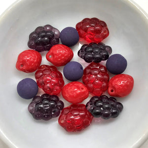 Czech glass summer fruit berry bead charm mix 16pc raspberry strawberry blueberry blackberry-Orange Grove Beads