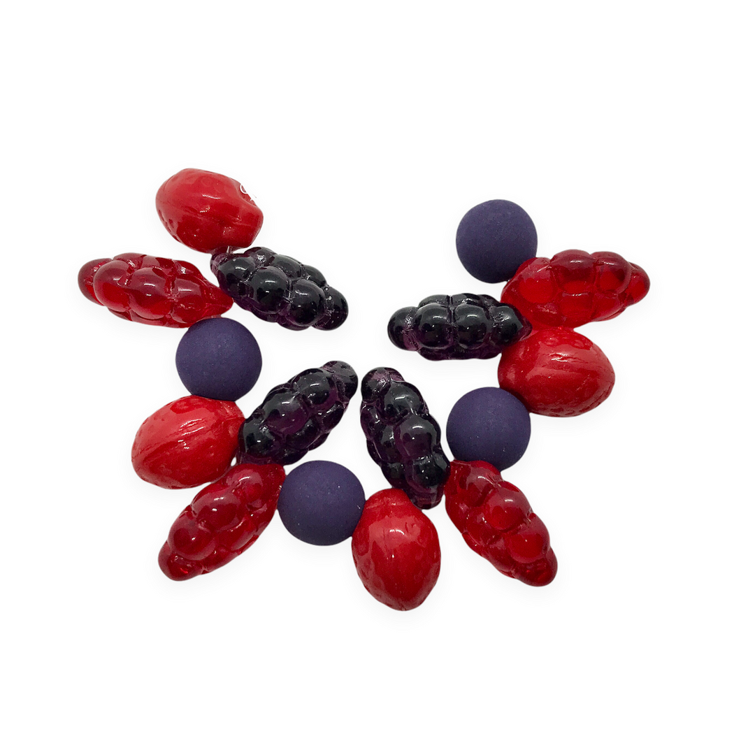 Czech glass summer fruit berry bead charm mix 16pc raspberry strawberry blueberry blackberry-Orange Grove Beads