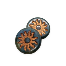 Load image into Gallery viewer, Czech glass sun coin XL focal beads 2pc crystal blue copper inlay 22mm-Orange Grove Beads
