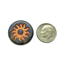 Load image into Gallery viewer, Czech glass sun coin XL focal beads 2pc crystal blue copper inlay 22mm
