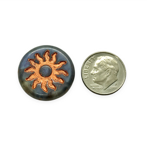 Czech glass sun coin XL focal beads 2pc crystal blue copper inlay 22mm
