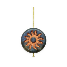 Load image into Gallery viewer, Czech glass sun coin XL focal beads 2pc crystal blue copper inlay 22mm
