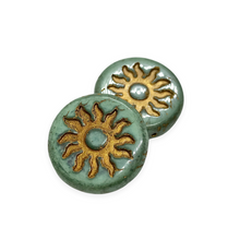 Load image into Gallery viewer, Czech glass sun coin focal beads 2pc green picasso gold bronze inlay 22mm-Orange Grove Beads
