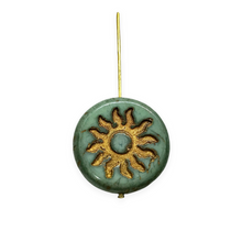 Load image into Gallery viewer, Czech glass sun coin focal beads 2pc green picasso gold bronze inlay 22mm
