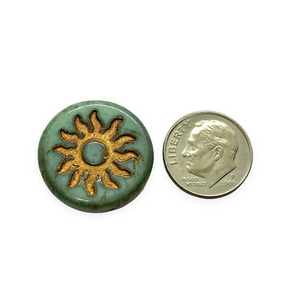 Czech glass sun coin focal beads 2pc green picasso gold bronze inlay 22mm