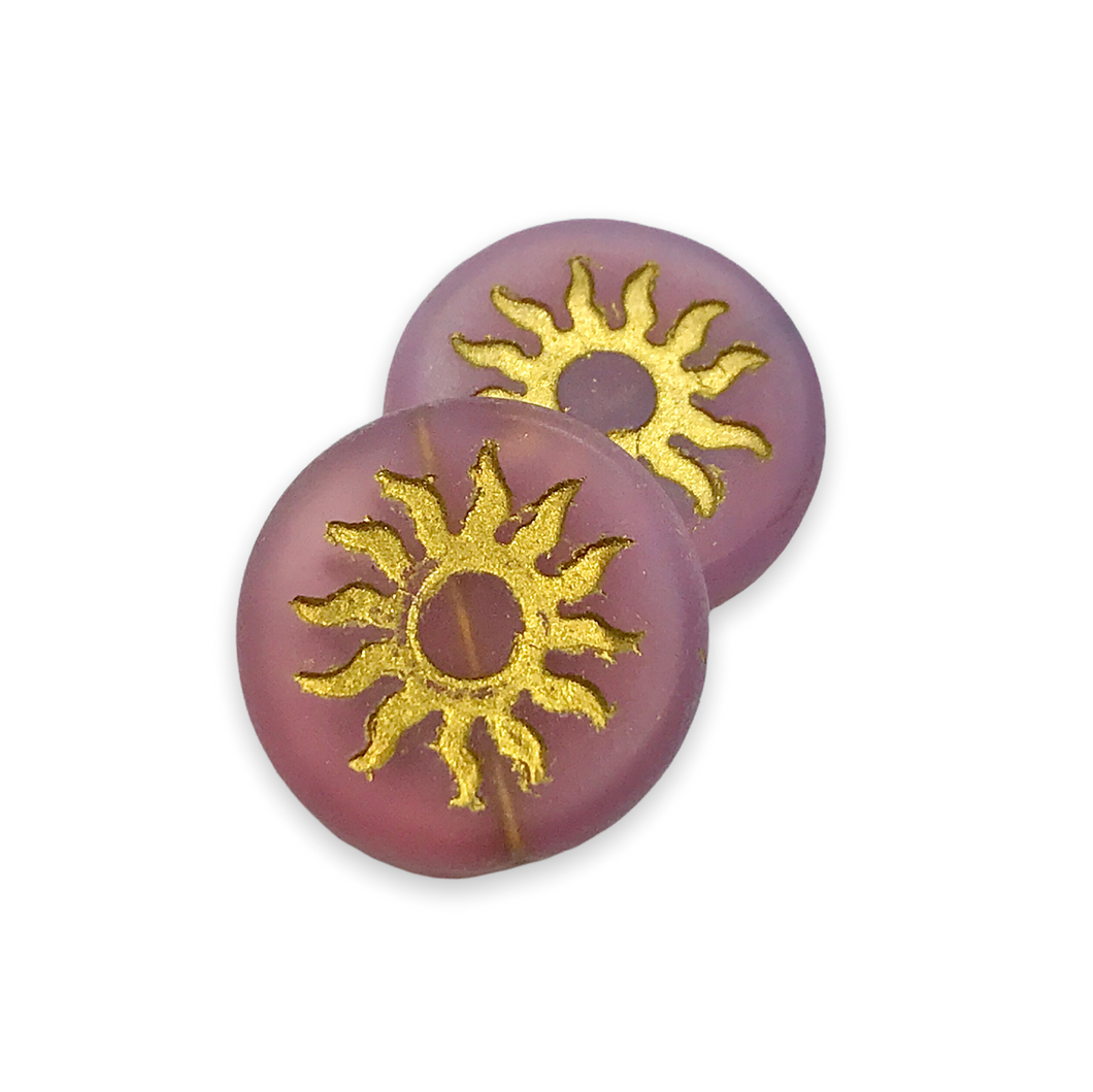 Czech glass sun coin focal beads 2pc matte pink gold 22mm-Orange Grove Beads