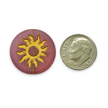 Load image into Gallery viewer, Czech glass sun coin focal beads 2pc matte pink gold 22mm
