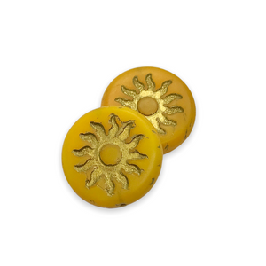 Czech glass sun coin focal beads 2pc matte yellow orange gold 22mm-Orange Grove Beads