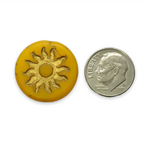 Load image into Gallery viewer, Czech glass sun coin focal beads 2pc matte yellow orange gold 22mm
