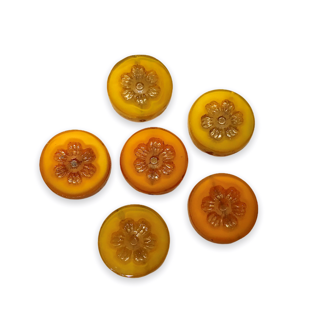 Czech glass table cut coin flower beads 6pcs Fall yellow & orange bronze wash 16mm-Orange Grove Beads