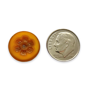 Czech glass table cut coin flower beads 6pcs Fall yellow & orange bronze wash 16mm