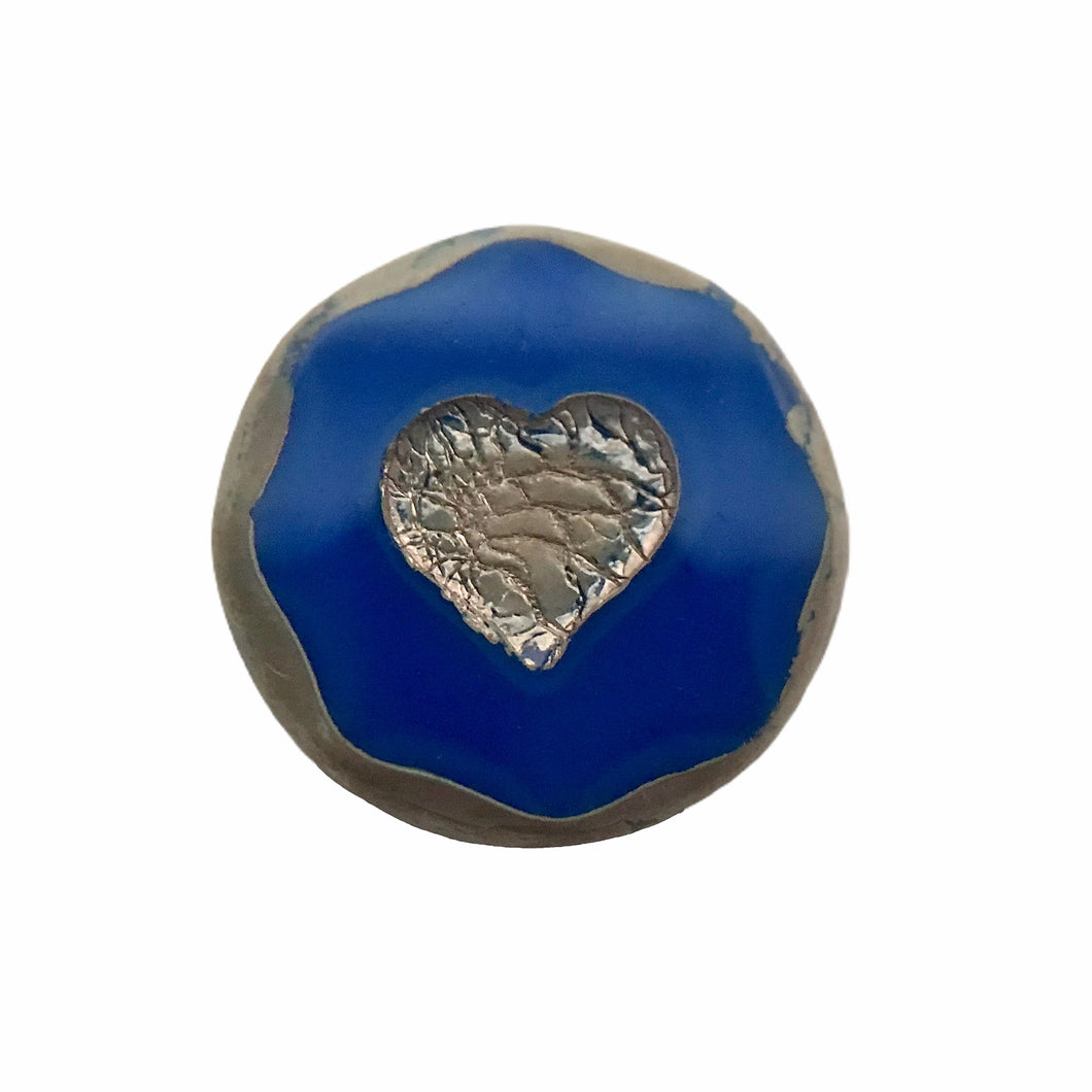 Czech glass table cut carved heart coin focal bead 1pc blue picasso 21mm-Orange Grove Beads