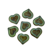 Load image into Gallery viewer, Czech glass table cut heart beads 8pc opaline turquoise picasso 14x12mm UV glow-Orange Grove Beads
