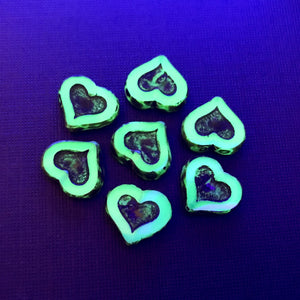 Czech glass table cut heart beads 8pc opaline turquoise picasso 14x12mm UV glow