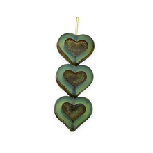 Load image into Gallery viewer, Czech glass table cut heart beads 8pc opaline turquoise picasso 14x12mm UV glow
