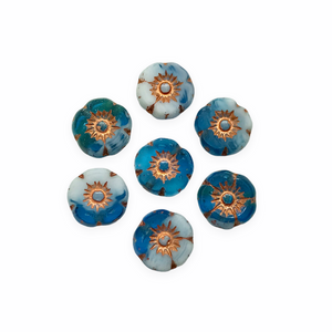 Czech glass tiny table cut hibiscus flower beads 10pc blue white capri copper 8mm-Orange Grove Beads