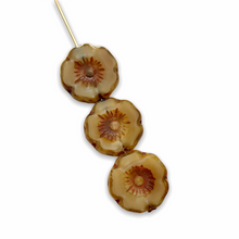 Load image into Gallery viewer, Czech glass table cut hibiscus flower beads 14pc caramel picasso 12mm
