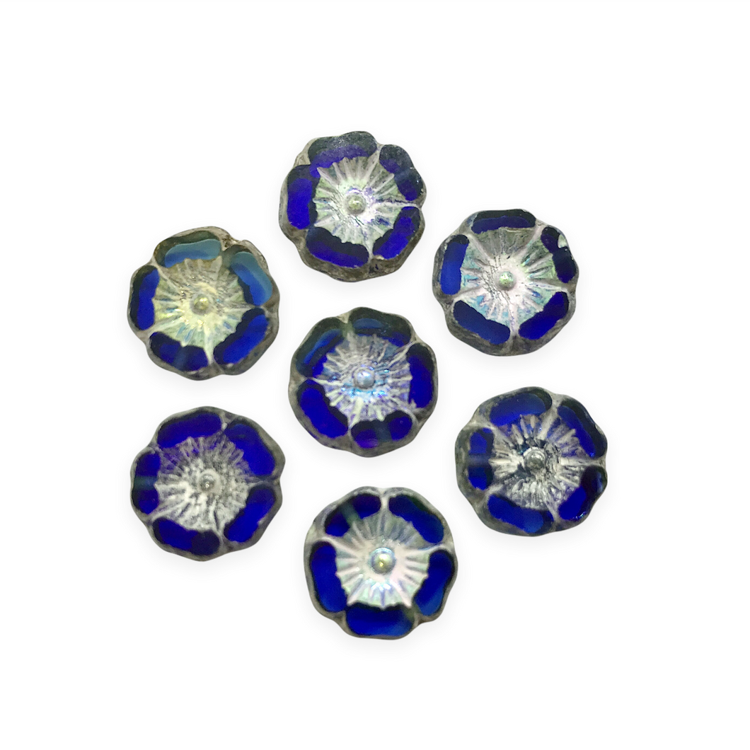 Czech glass table cut hibiscus flower beads 10pc blue white AB 12mm-Orange Grove Beads