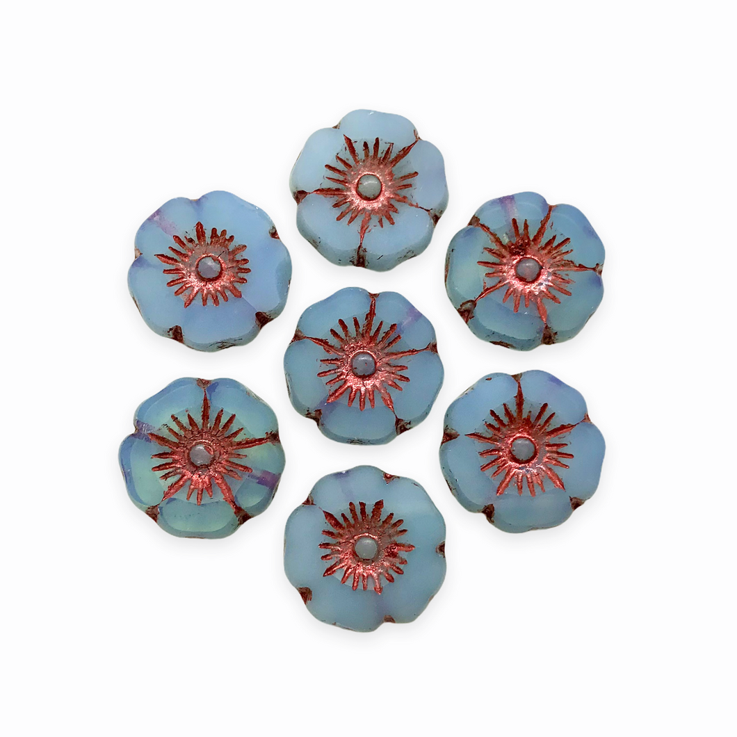 Czech glass table cut hibiscus flower beads 10pc blue opaque opaline copper mix 12mm-Orange Grove Beads