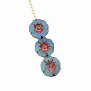 Czech glass hibiscus flower beads 12pc blue opaque opaline copper mix 12mm