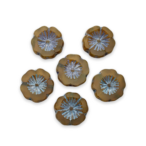 Czech glass table cut hibiscus flower beads 6pc opaline beige blue 14mm-Orange Grove Beads