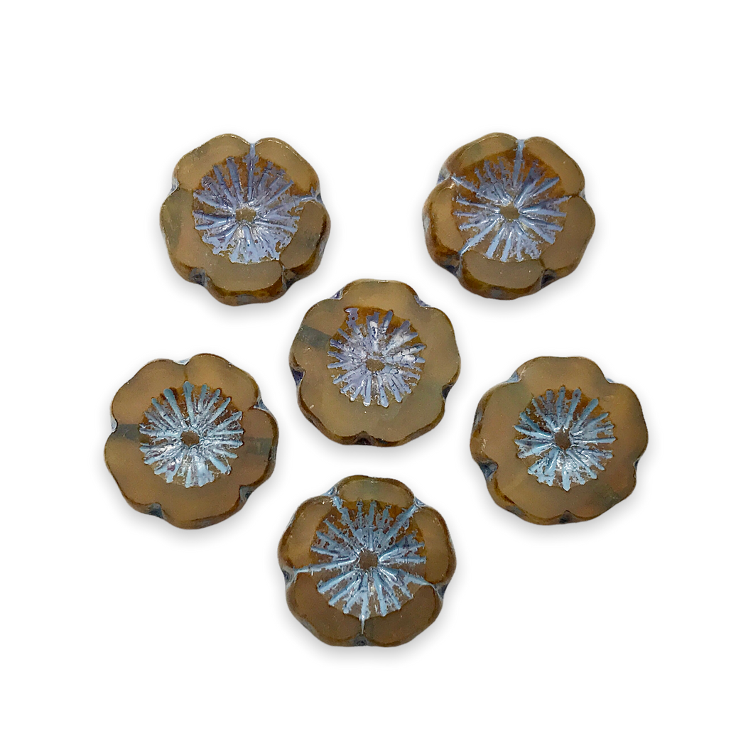 Czech glass table cut hibiscus flower beads 6pc opaline beige blue 14mm-Orange Grove Beads