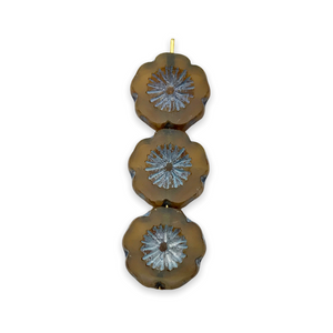 Czech glass hibiscus flower beads 10pc opaline caramel blue 14mm