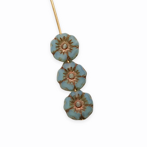 Czech glass XS table cut hibiscus flower beads 24pc opaline blue bronze 7mm