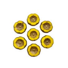 Load image into Gallery viewer, Czech glass table cut hibiscus flower beads 10pc opaque yellow bronze 12mm-Orange Grove Beads
