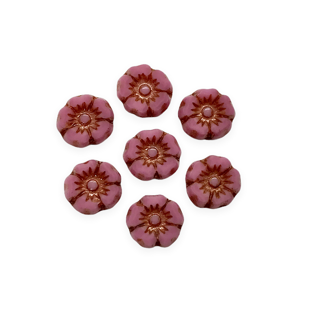 Czech glass EXTRA tiny table cut hibiscus flower beads 12pc pink silk bronze 7mm-Orange Grove Beads